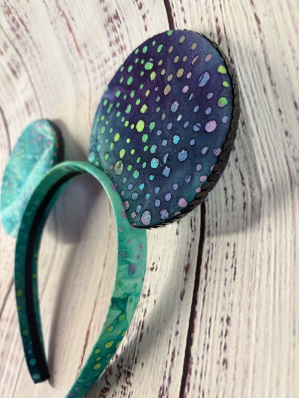 Handmade Teal & Navy Polka Dot Mouse Ear Headband - Picture 2 of 3